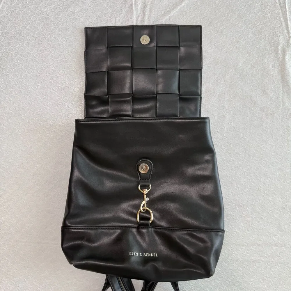 Alexis Bendel Black Woven Flap Backpack Mini Faux Leather Striped Lining Gold HW
